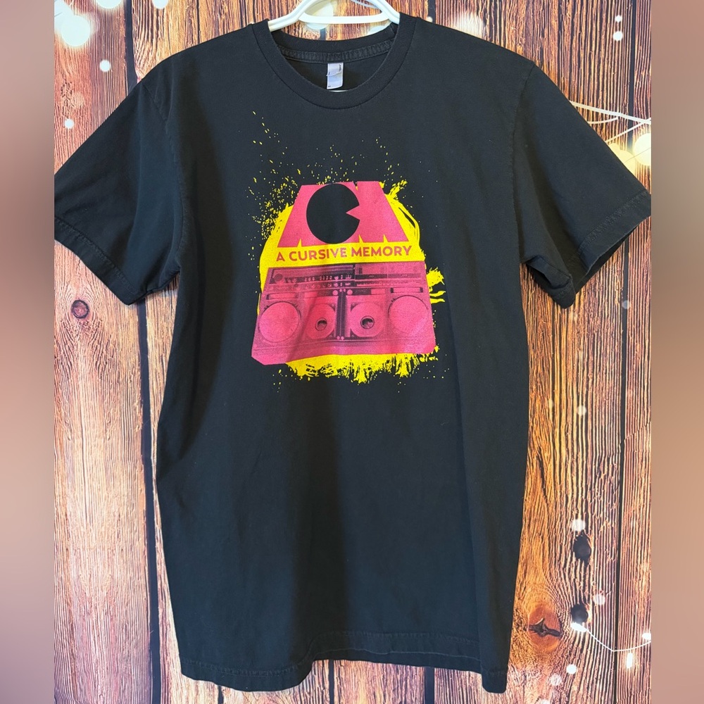 American Apparel Black Tee A Cursive Memory with pink Ghetto Blaster Graphic